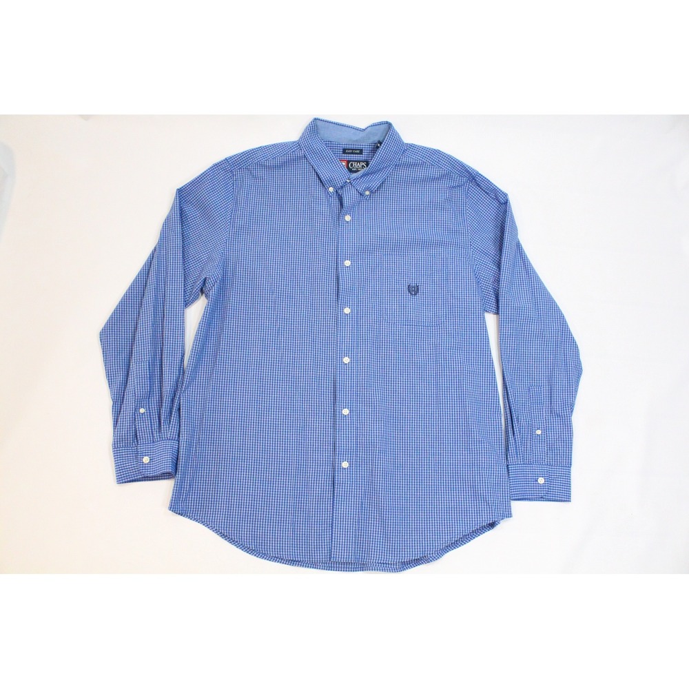 Chaps Easy Care Mens XL Blue White Micro Check Button Down Shirt Long Sleeve